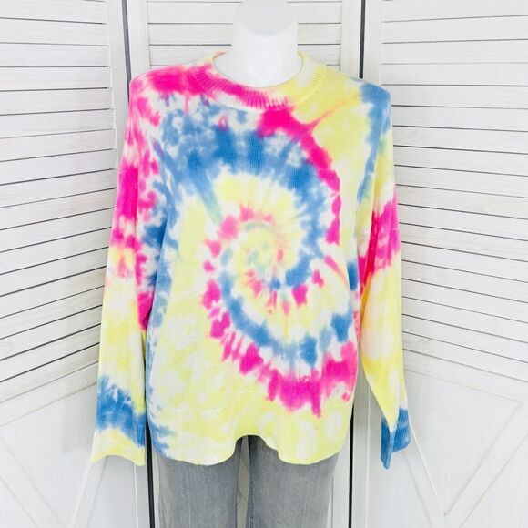 Crown & Ivy Neon Tie Dye Oversized Sweater Yellow Pink Blue Large Lightweight - Picture 1 of 12